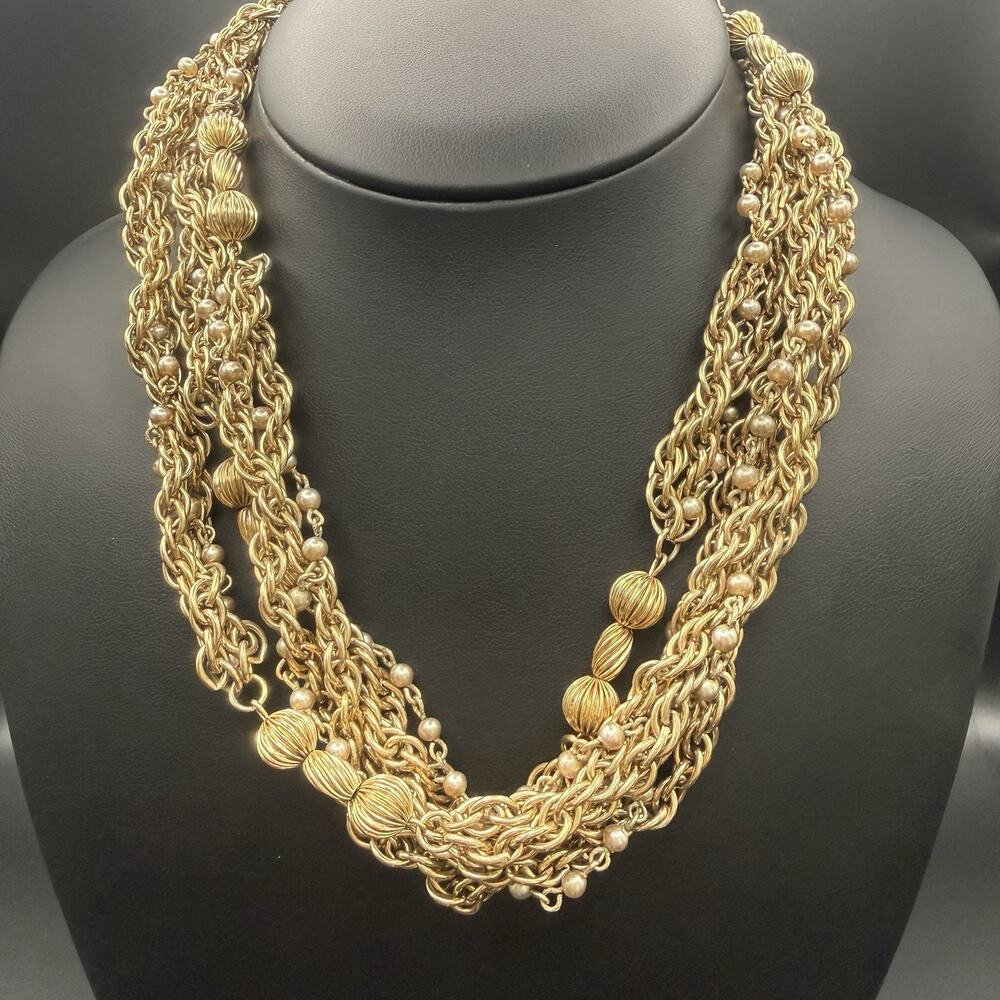 Vtg Chunky Heavy Gold Tone Rope Chain Faux Pearl Fluted Bead Statement Necklace